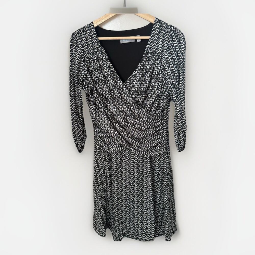 B-Slim Shapeware Dress Black White Chevron 3/4 Sleeve Faux Wrap Office Event PL